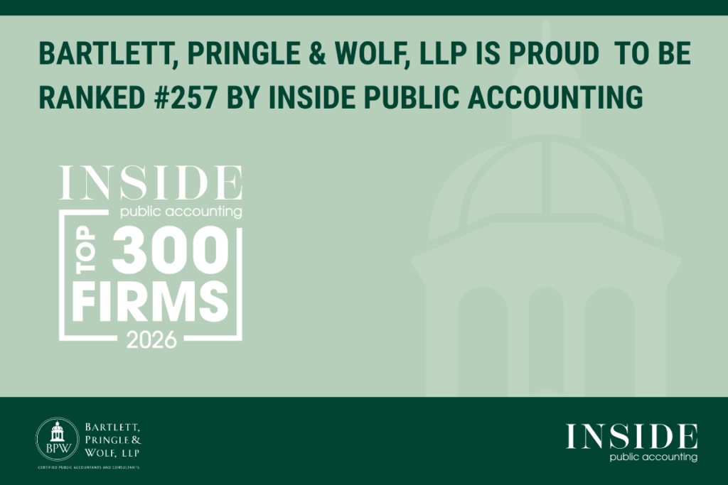 Social graphic announcing that Bartlett, Pringle & Wolf, LLP is a 2026 IPA 300 firm, featuring the INSIDE Public Accounting recognition mark and Bartlett, Pringle & Wolf, LLP logo.